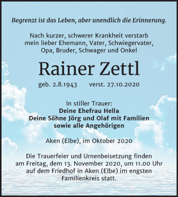 Traueranzeige von Rainer Zettl von Mitteldeutsche Zeitung Köthen