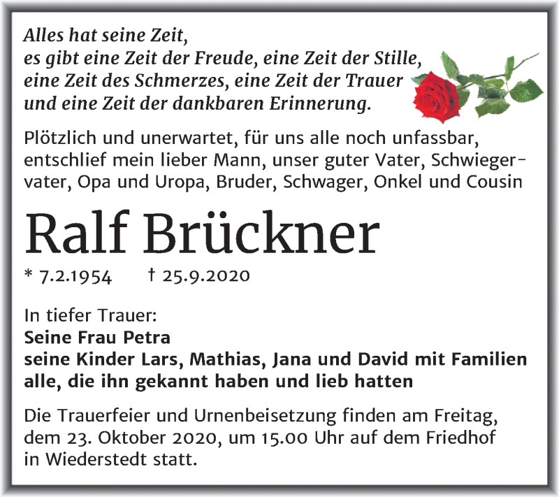  Traueranzeige für Ralf Brückner vom 10.10.2020 aus Super Sonntag Mansfelder Land