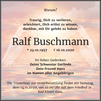 Traueranzeige von Ralf Buschmann von Wochenspiegel Naumburg/Nebra
