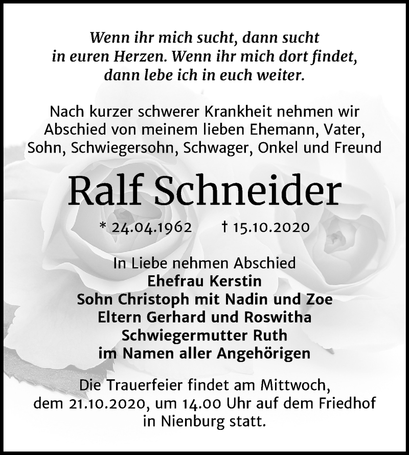  Traueranzeige für Ralf Schneider vom 21.10.2020 aus Wochenspiegel Bernburg