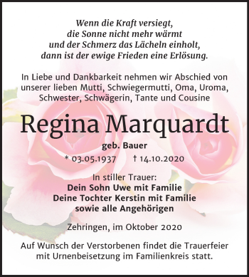 Traueranzeige von Regina Marquardt von Mitteldeutsche Zeitung Köthen
