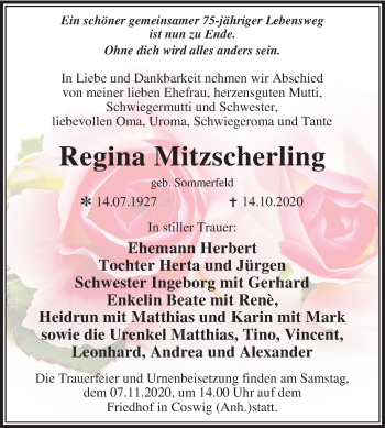 Traueranzeige von Regina Mitzscherling von Mitteldeutsche Zeitung Dessau-Roßlau / Wittenberg