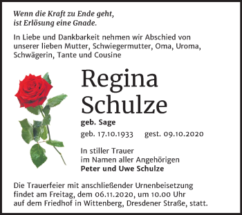 Traueranzeige von Regina Schulze von Super Sonntag Wittenberg