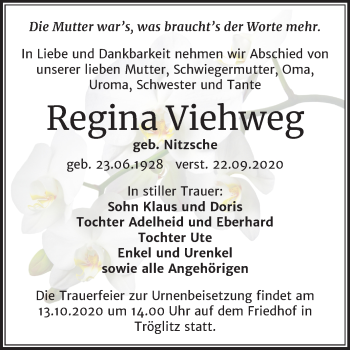 Traueranzeige von Regina Viehweg von Super Sonntag Zeitz