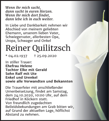 Traueranzeige von Reiner Quilitzsch von Wochenspiegel Bitterfeld