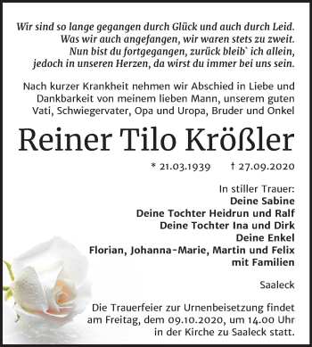 Traueranzeige von Reiner Tilo Krößler von Wochenspiegel Naumburg/Nebra