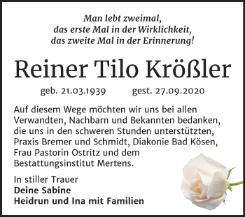Traueranzeige von Reiner Tilo Krößler von Wochenspiegel Naumburg/Nebra