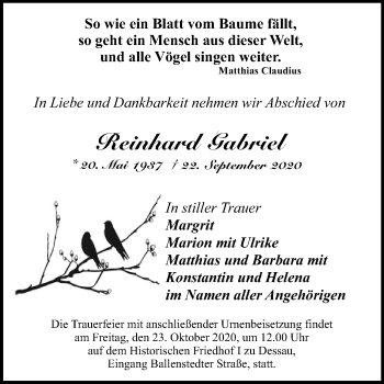 Traueranzeige von Reinhard Gabriel von Super Sonntag Dessau-Roßlau