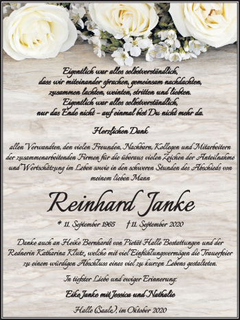Traueranzeige von Reinhard Janke von Mitteldeutsche Zeitung Halle/Saalkreis