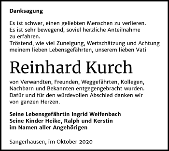 Traueranzeige von Reinhard Kurch von Mitteldeutsche Zeitung Sangerhausen