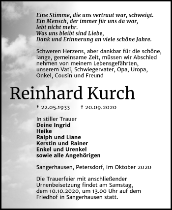 Traueranzeige von Reinhard Kurch von Super Sonntag Sangerhausen