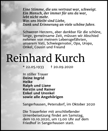 Traueranzeige von Reinhard Kurch von Mitteldeutsche Zeitung Sangerhausen