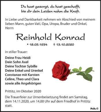Traueranzeige von Reinhold Konrad von Wochenspiegel Weißenfels