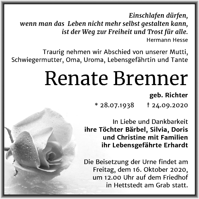  Traueranzeige für Renate Brenner vom 02.10.2020 aus Super Sonntag Mansfelder Land