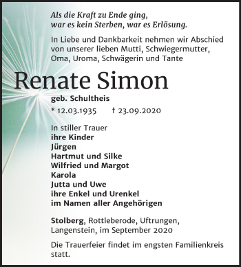 Traueranzeige von Renate Simon von Mitteldeutsche Zeitung Sangerhausen