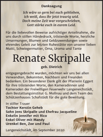 Traueranzeige von Renate Skripalle von Mitteldeutsche Zeitung Merseburg/Querfurt
