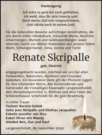 Traueranzeige von Renate Skripalle von Super Sonntag Merseburg/Querfurt