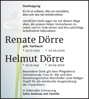 Traueranzeige von Renate und Helmut Dörre von Wochenspiegel Mansfelder Land