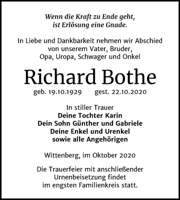 Traueranzeige von Richard Bothe von Mitteldeutsche Zeitung Wittenberg