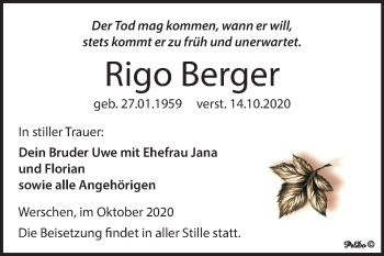 Traueranzeige von Rigo Berger von Wochenspiegel Weißenfels