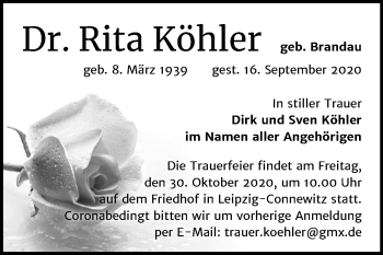Traueranzeige von Rita Köhler von Mitteldeutsche Zeitung Dessau-Roßlau