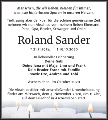 Traueranzeige von Roland Sander von Mitteldeutsche Zeitung Aschersleben