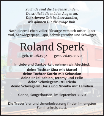 Traueranzeige von Roland Sperk von Super Sonntag Sangerhausen
