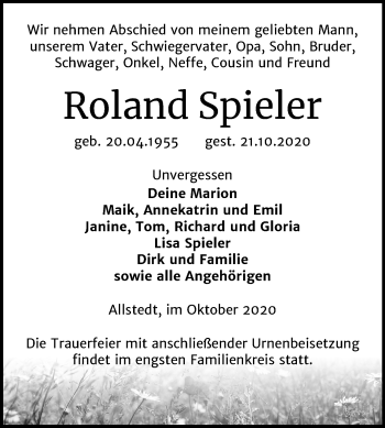 Traueranzeige von Roland Spieler von Super Sonntag Sangerhausen