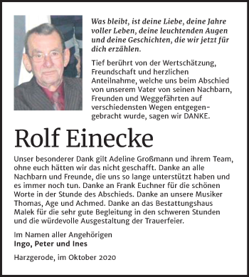 Traueranzeige von Rolf Einecke von Mitteldeutsche Zeitung Quedlinburg
