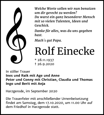 Traueranzeige von Rolf Einecke von Super Sonntag Quedlinburg