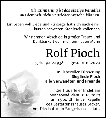 Traueranzeige von Rolf Pioch von Wochenspiegel Sangerhausen