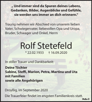 Traueranzeige von Rolf Stetefeld von Super Sonntag Zeitz