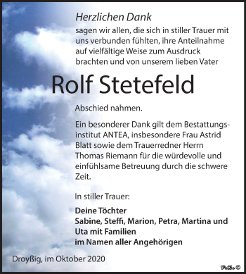 Traueranzeige von Rolf Stetefeld von Super Sonntag Zeitz