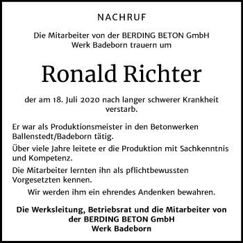 Traueranzeige von Ronald Richter von Super Sonntag Quedlinburg