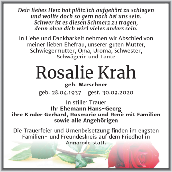 Traueranzeige von Rosalie Krah von Mitteldeutsche Zeitung Mansfelder Land