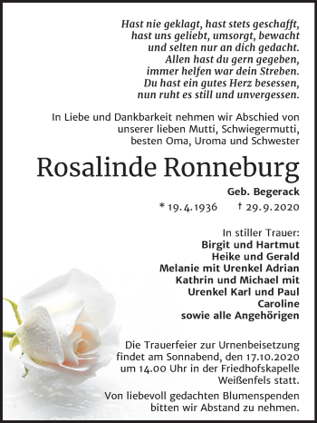 Traueranzeige von Rosalinde Ronneburg von Wochenspiegel Weißenfels
