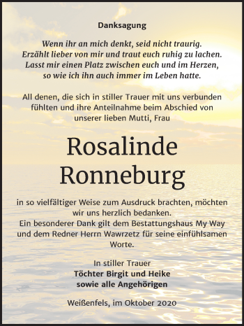 Traueranzeige von Rosalinde Ronneburg von Mitteldeutsche Zeitung Weißenfels