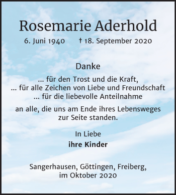 Traueranzeige von Rosemarie Aderhold von Super Sonntag Sangerhausen