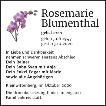 Traueranzeige von Rosemarie Blumenthal von Super Sonntag Wittenberg