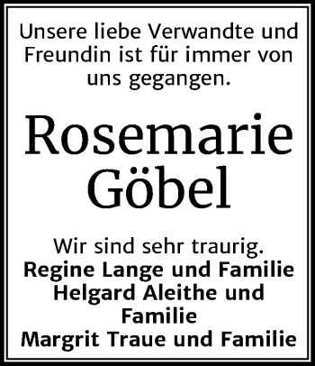 Traueranzeige von Rosemarie Göbel von Mitteldeutsche Zeitung Dessau-Roßlau