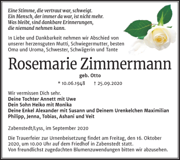 Traueranzeige von Rosemarie Zimmermann von Mitteldeutsche Zeitung Halle/Saalkreis