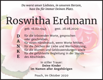 Traueranzeige von Roswitha Erdmann von Mitteldeutsche Zeitung Bitterfeld