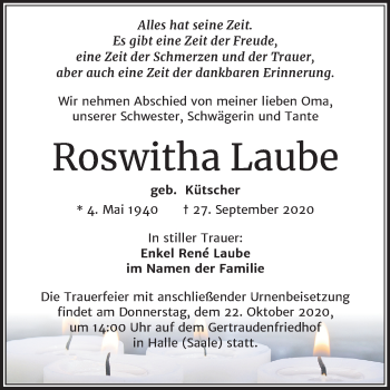 Traueranzeige von Roswitha Laube von Mitteldeutsche Zeitung Halle/Saalkreis