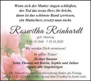 Traueranzeige von Roswitha Reinhardt von Super Sonntag Dessau-Roßlau