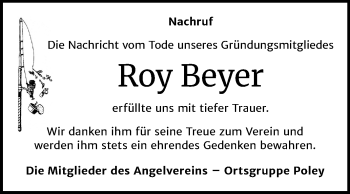 Traueranzeige von Roy Beyer von Super Sonntag Bernburg
