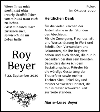 Traueranzeige von Roy Beyer von Mitteldeutsche Zeitung Bernburg
