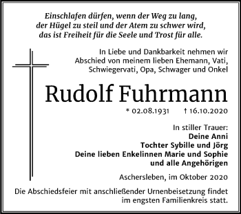 Traueranzeige von Rudolf Fuhrmann von Mitteldeutsche Zeitung Aschersleben