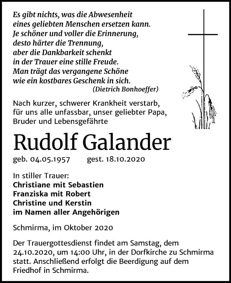  Traueranzeige für Rudolf Galander vom 21.10.2020 aus Mitteldeutsche Zeitung Merseburg/Querfurt
