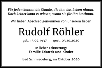 Traueranzeige von Rudolf Röhler von Super Sonntag Wittenberg