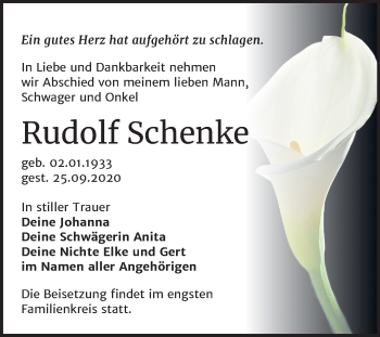 Traueranzeige von Rudolf Schenke von Super Sonntag Wittenberg